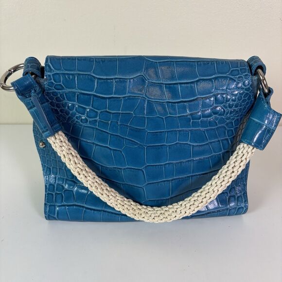 Claudia Firenze Teal Leather Croc-Embossed Handbag Rope Handle Chic Purse Italy - Picture 5 of 16